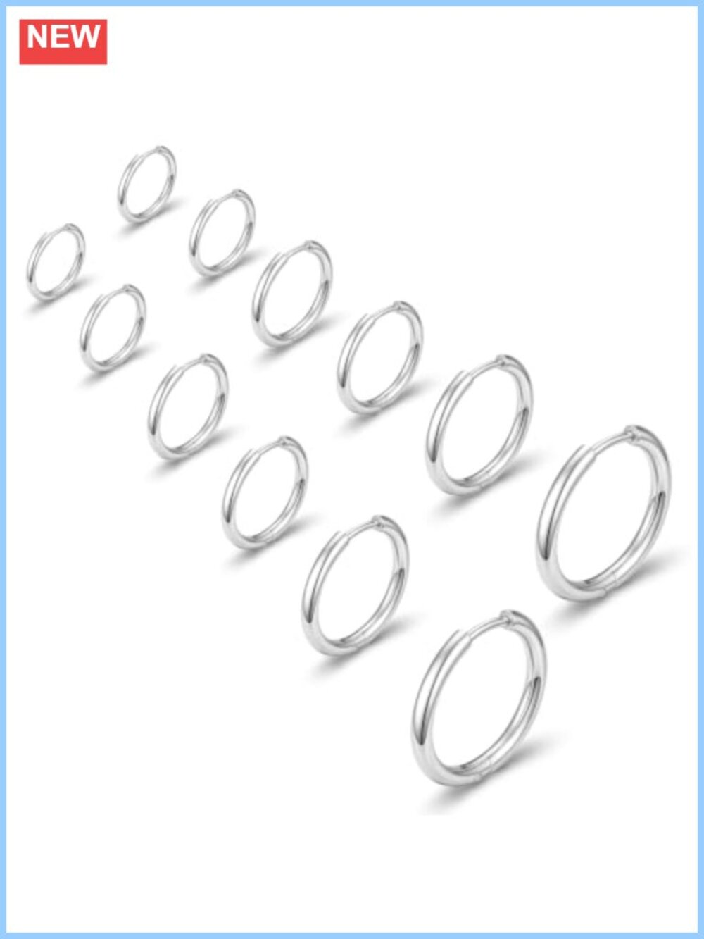 Surgical Steel Hoop Earrings Set Hypoallergenic Hinged Click Closure 6 Pairs